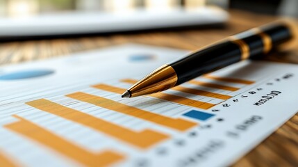 Fototapeta premium A close-up of a pen on a bar chart, illustrating data analysis and business metrics.