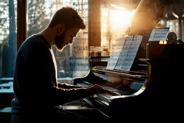 A person is playing piano, seated indoors with sheet music on the stand, as warm sunlight streams...