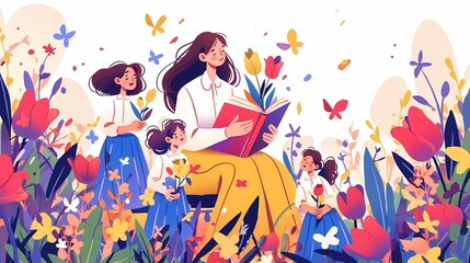 Illustration for Teacher's Day, Teacher opening book to students