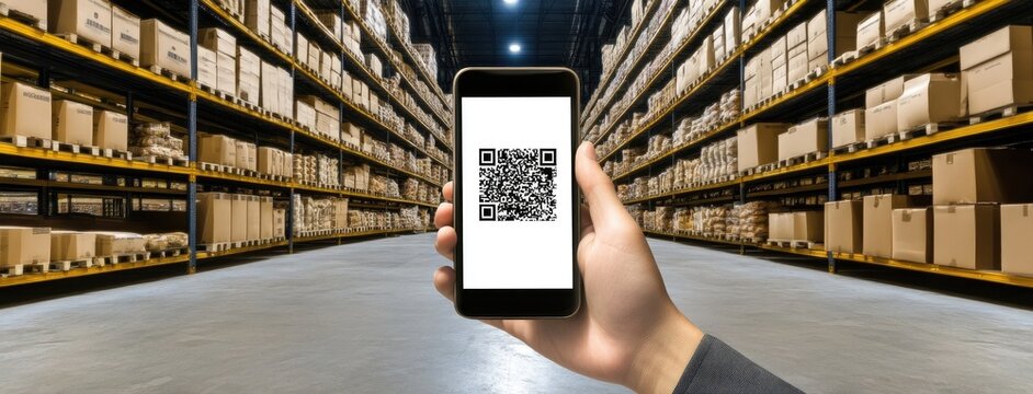 A man engages in online shopping by scanning a barcode with his mobile phone in an expansive warehouse full of groceries