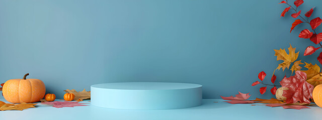 front view,  3d podium, blue  background with pumpkinss. For design, banner, product, contest, advertisement, presentation, card, flyer, poster, Halloween, thanksgiving