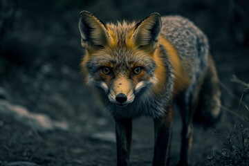 Fototapeta premium Close up photo of an red fox standing on the ground at night time 