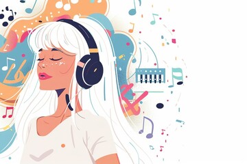 Obraz premium White haired girl with headphones, flat style, illustration style, Memphis, lots of musical elements in the background, generative ai