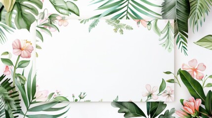 Naklejka premium A beautiful tropical frame featuring lush green leaves and delicate pink flowers, evoking a sense of freshness and tranquility. Perfect for invitations or announcements.