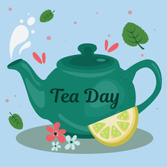 teapot with green tea and lemon