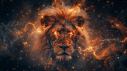 Digitally generated image of the Leo symbol with stars against a black background, representing zodiac signs, constellations, and horoscope themes.