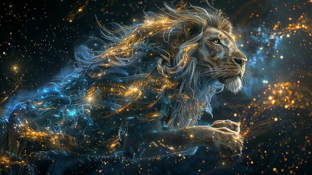 Digitally generated image of the Leo symbol with stars against a black background, representing zodiac signs, constellations, and horoscope themes.