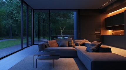 Fototapeta premium A modern living room with large glass windows showcasing a serene outdoor view, illuminated softly in the evening.