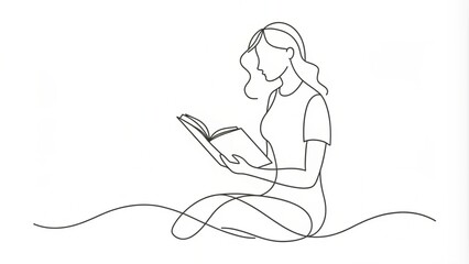 Continuous Line Drawing of a Woman Reading - Minimalist Artwork Illustration