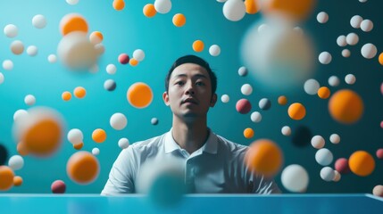 A focused man surrounded by colorful floating balls, conveying a sense of concentration and creativity.