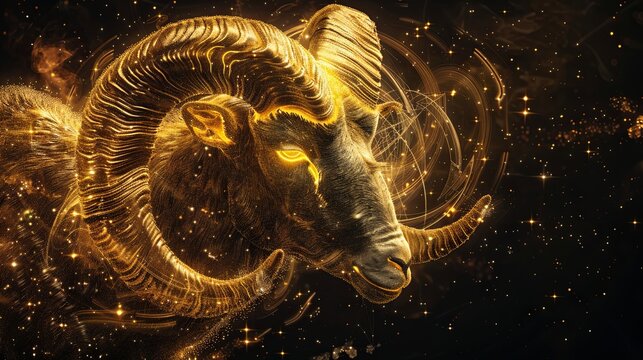 Digital image of the Aries symbol adorned with stars on a black background. This representation of zodiac signs, constellations, and horoscopes is created through digital technology