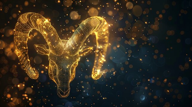 Digital image of the Aries symbol adorned with stars on a black background. This representation of zodiac signs, constellations, and horoscopes is created through digital technology