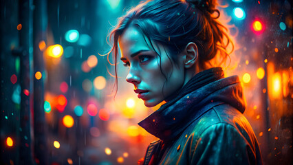 a close-up of a woman with a beard, looking serious and intense