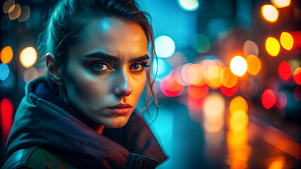 a close-up of a woman with a beard, looking serious and intense