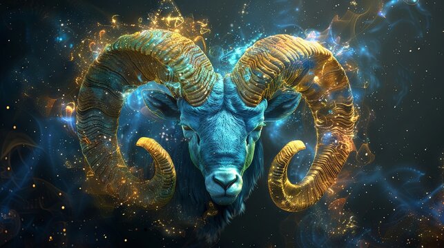 Digital image of the Aries symbol adorned with stars on a black background. This representation of zodiac signs, constellations, and horoscopes is created through digital technology