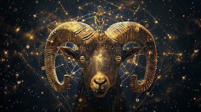Digital image of the Aries symbol adorned with stars on a black background. This representation of zodiac signs, constellations, and horoscopes is created through digital technology