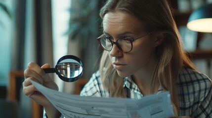 A businesswoman reviewing financial documents with a magnifying glass, identifying potential red flags and implementing measures to mitigate them.