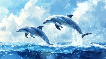 Naklejka premium Two playful dolphins jumping out of the ocean against a backdrop of clear blue sky and fluffy clouds on a sunny day.