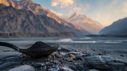 Fototapeta premium A close-up of a spoonful of dark powder on rocky ground with mountains in the background.