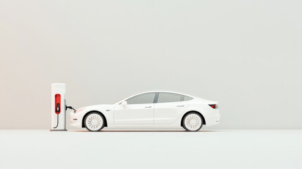 A white electric car is charging at a wall station on a gray background