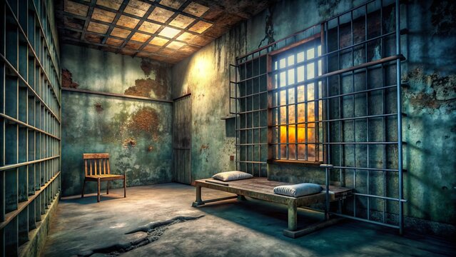 Rusty metal bars and worn concrete walls confine a dimly lit, deserted prison cell, evoking feelings of isolation and despair.