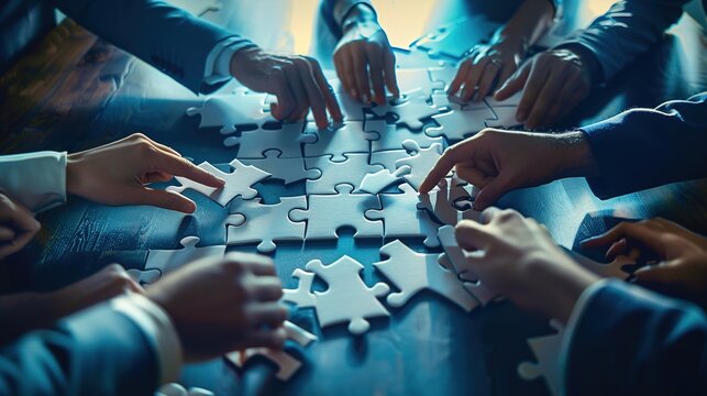 A diverse group of professionals in a boardroom, working together to piece together a large, intricate puzzle that represents a strategic risk mitigation plan.