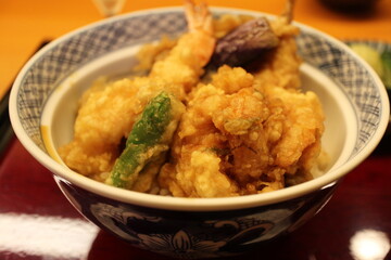 Japanese cuisine: tendon (tempura bowl) in Tokyo, Japan