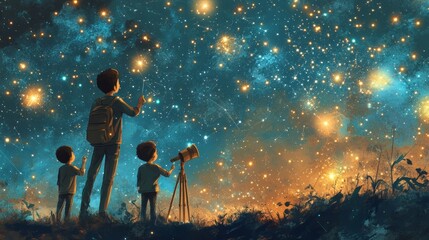 Children stargazing with telescope at night under a glowing star-filled sky. Perfect for space exploration and astronomy themes.