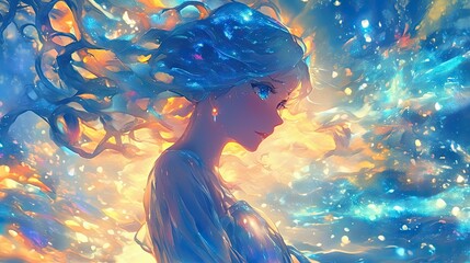 Magical anime woman with iridescent glow and mesmerizing surreal environment