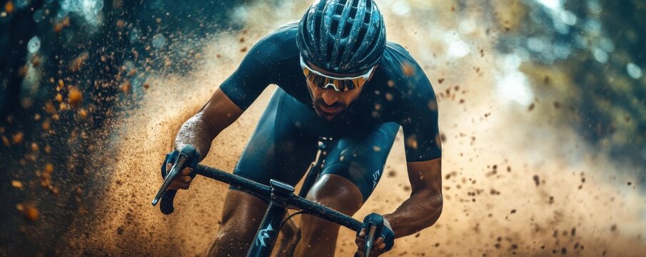 A cyclist intensely focused, racing through a cloud of dust, showcasing determination and speed.
