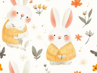seamless pattern, Chubby kawaii bunnies in cozy sweaters