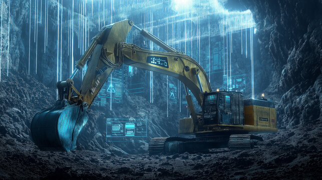 High-tech excavator in a quarry with digital interface overlay.