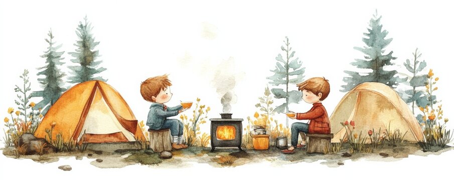Two kids camping in the forest, sitting by the campfire, enjoying nature with tents and trees in the background.