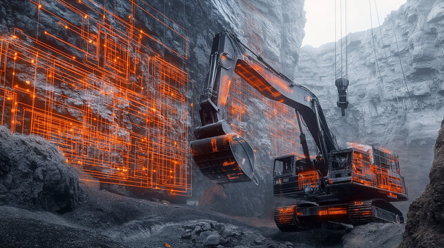 High-tech excavator in a quarry with digital interface overlay.