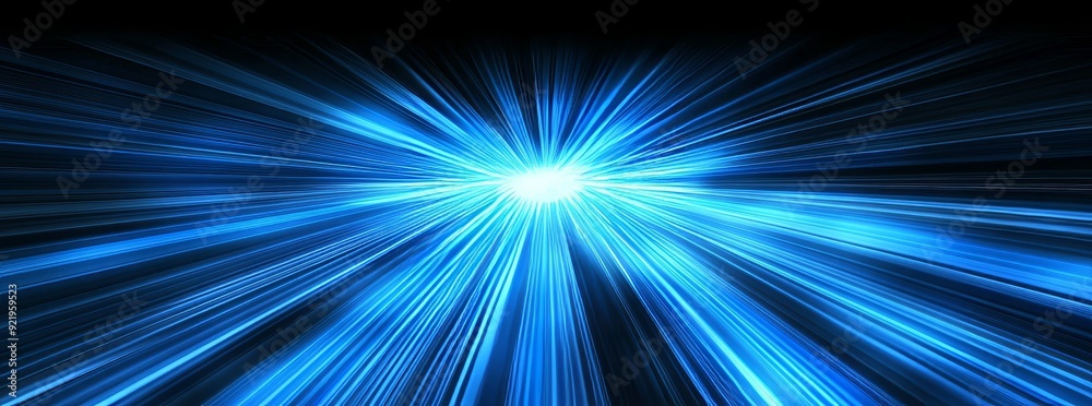 Poster the background consists of lines and rays of neon light on a blue background. reflection in space of
