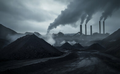 Fototapeta premium Industrial scene with smoking chimneys and piles of coal on a cloudy day. 