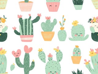 seamless pattern, Adorably chubby kawaii cacti with blushing cheeks and flower crowns