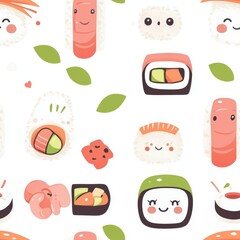 Fototapeta premium seamless pattern, Kawaii sushi rolls in the shape of smiling animals