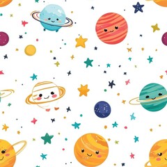 seamless pattern, Kawaii planets with adorable faces