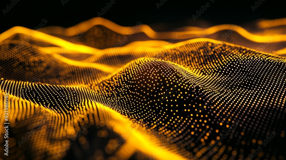 Poster an abstract wave of connected dots and lines with a dark background. wave of bright particles. digit
