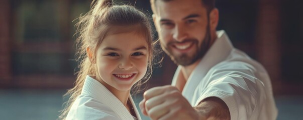 A joyful girl and a man in martial arts uniforms show enthusiasm and confidence while posing together. Their smiles reflect a strong bond and shared passion for martial arts.