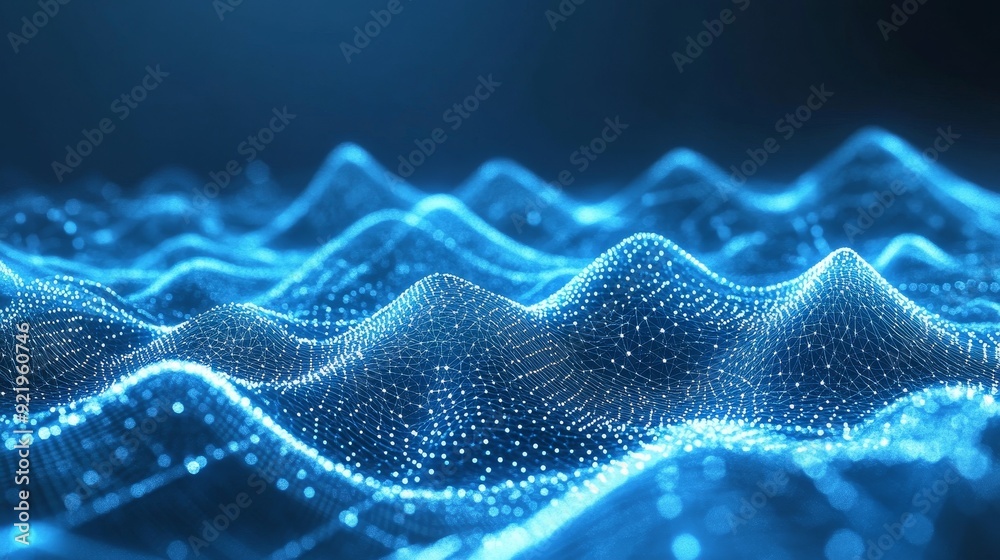 Poster an abstract blue background with a dynamic wave. visualization of big data in 3d.