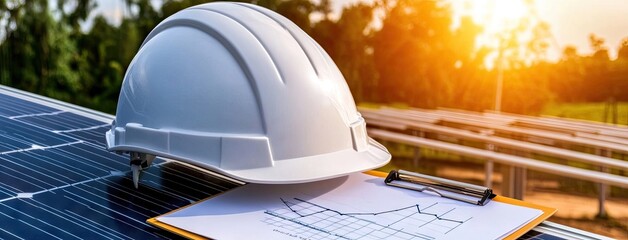 Analyzing solar energy potential at sunset with a helmet and graph on a clipboard amid photovoltaic panels