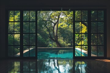 Window see swimming pool architecture building outdoors.