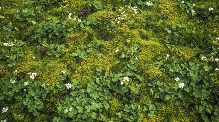 A close-up of a grassy field with various textures and colors, including patches of moss and clover. The diversity of the grass and plants adds richness and depth to the natural landscape