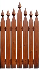 A beautifully crafted wooden fence with pointed tops stands alone against a bright white background, showcasing its intricate design and natural texture