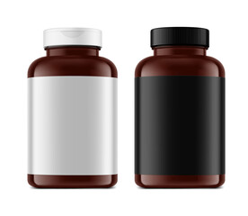 Plastic bottle mockups for nitric oxide booster, sports nutrition, additives. Vector illustration isolated on white background. Can be use for template your design, presentation, promo, ad. EPS10.