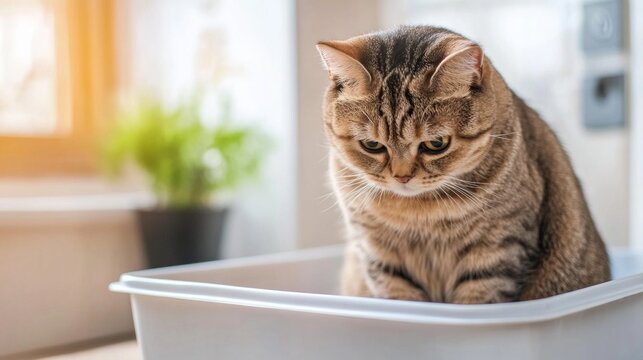 A sad cat sitting in a litter box while struggling with a urinary tract infection at home