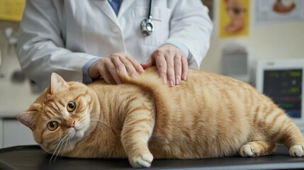 Veterinarian examining an overweight cat at a clinic during a routine check-up