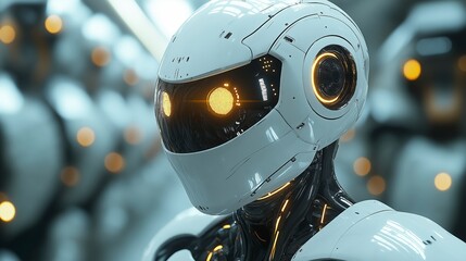 Fototapeta premium Futuristic white humanoid robot with glowing orange eyes stands in a high-tech laboratory.